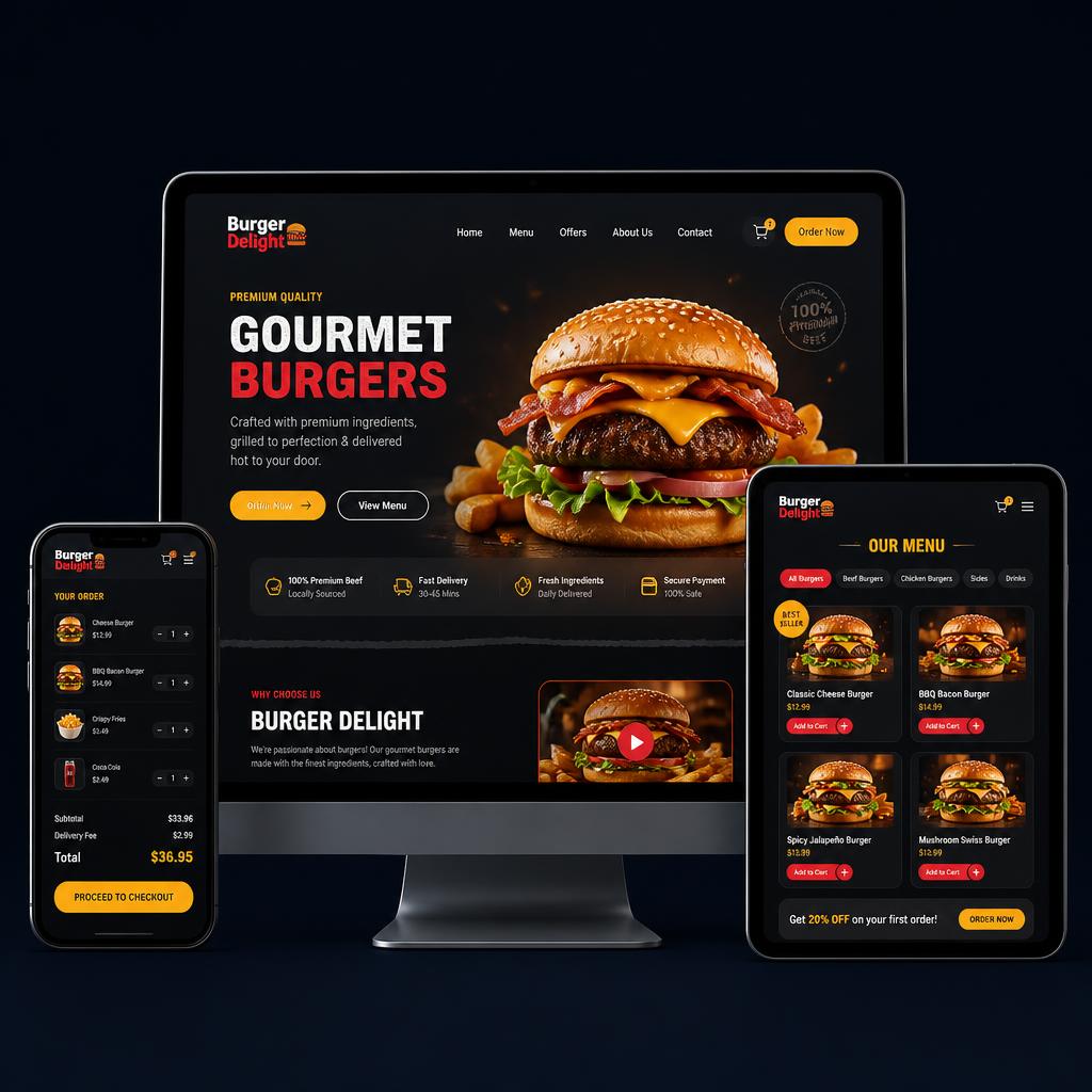 Exemplo de site responsivo 3D para hamburgueria artesanal local