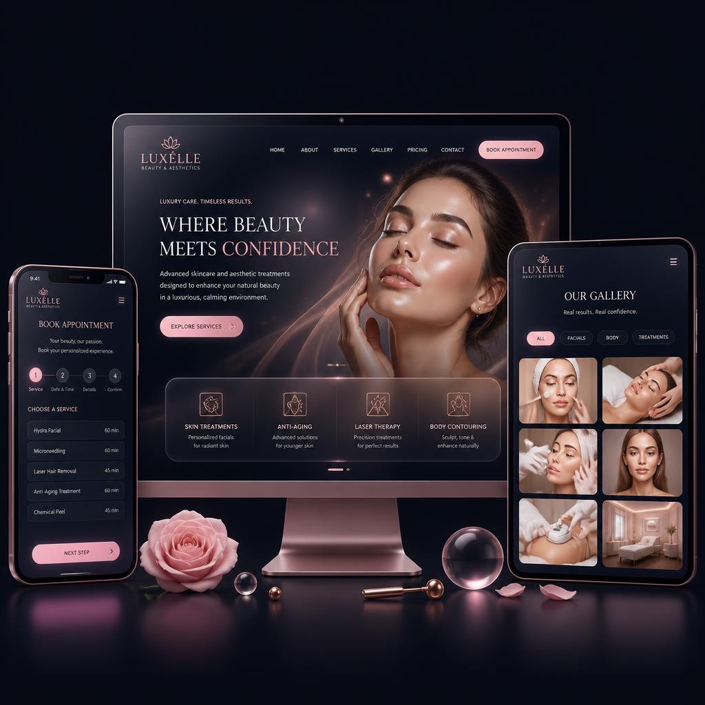 Exemplo de site responsivo 3D para salão de beleza e clínica de estética
